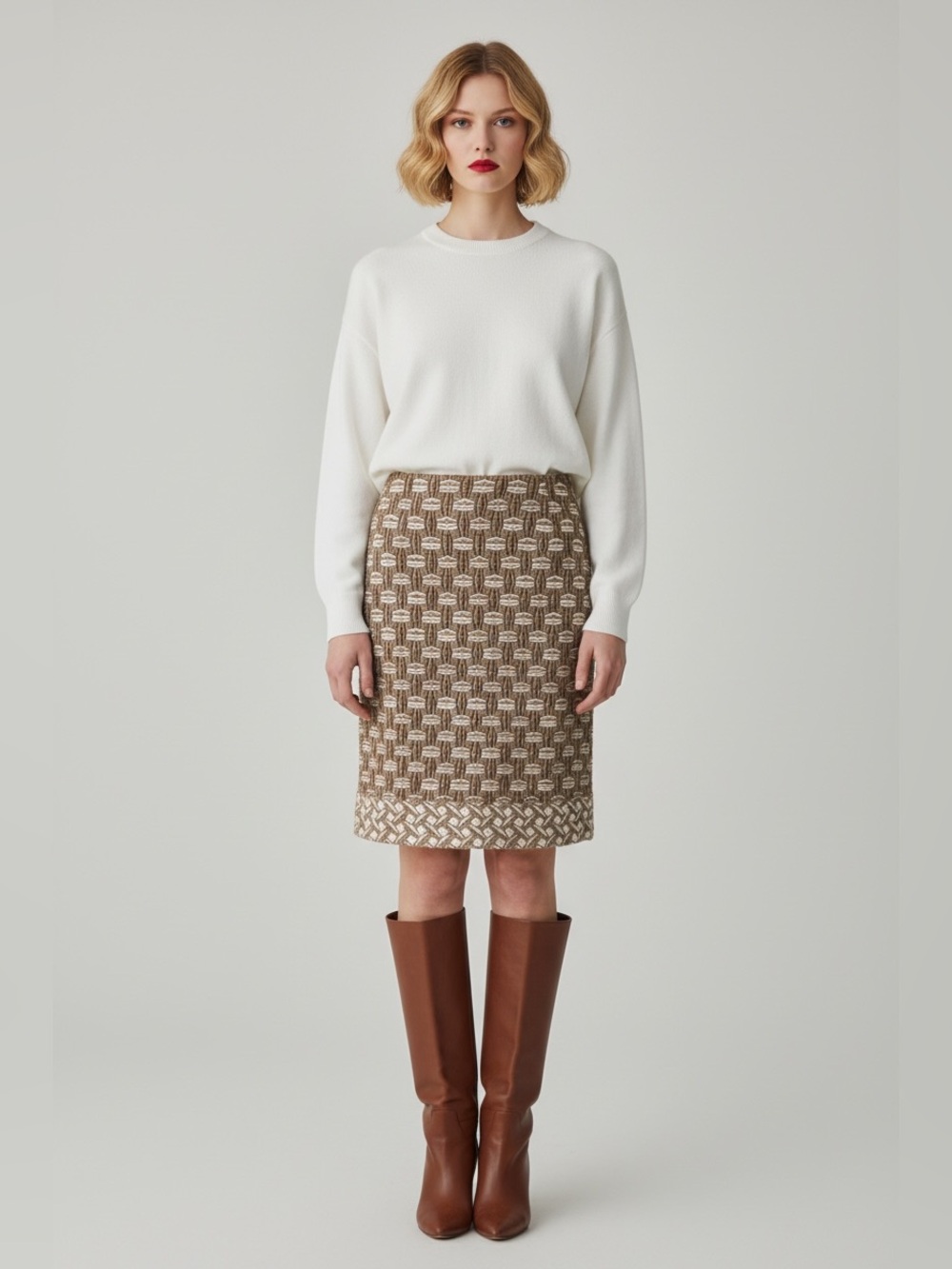 Louis Vuitton Geometric Midi Skirt in Brown & Cream Size 38